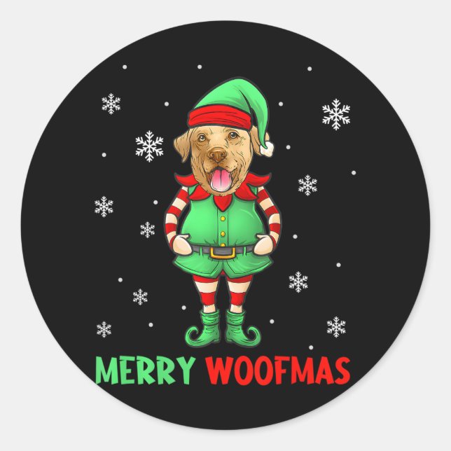 Pegatina Redonda Funny Labrador Recuperever Elf Merry Woof Mas (Anverso)