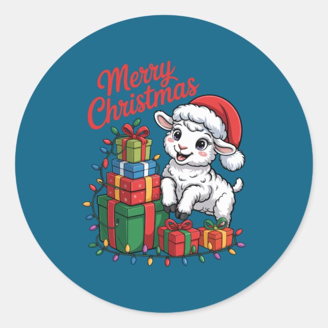 Pegatina Redonda Funny Lamb Santa Hat Animals Lovers Ugly Christmas (Anverso)