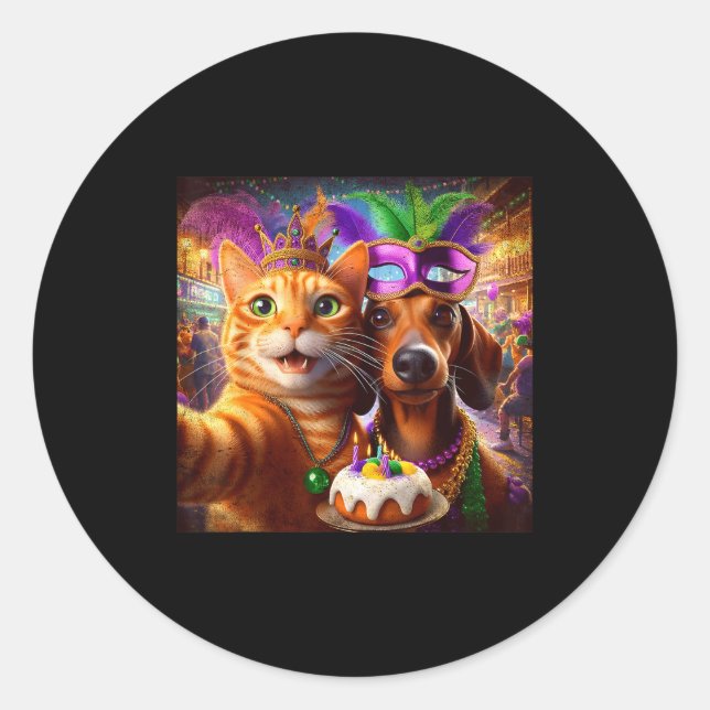Pegatina Redonda Funny Mardi Gras Cat Dachshund Selfie Squad  (Anverso)
