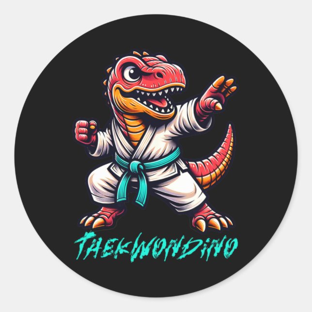 Pegatina Redonda Funny Martial Arts Karate Taekwondo Dino Animal Cu (Anverso)