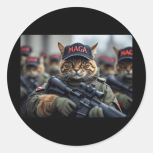 Pegatina Redonda Funny Mega Cat Con Rifle - Humorístico Donald Trum