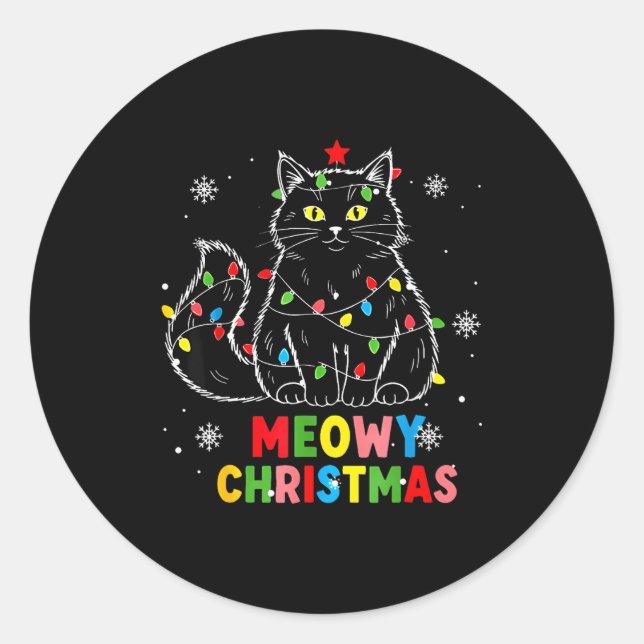 Pegatina Redonda Funny Meowy Christmas Xmas Lights Black Cat Pajama (Anverso)