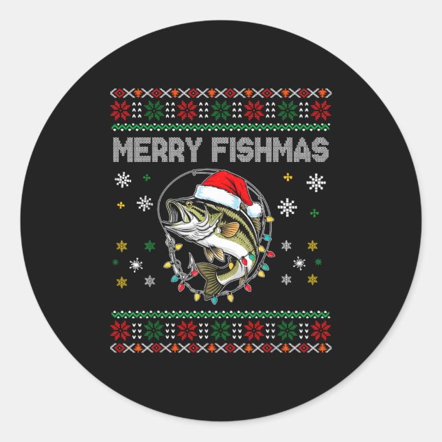 Pegatina Redonda Funny Merry Fishmas B Fishing Christmas Ugly Sweat (Anverso)