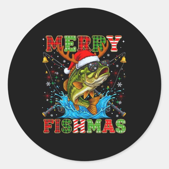 Pegatina Redonda Funny Merry Fishmas Christmas Fish Xmas Fishing Fo (Anverso)