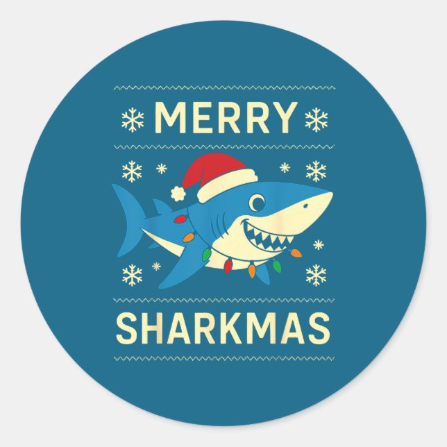 Pegatina Redonda Funny Merry Sharkmas Christmas Shark Humor  (Anverso)