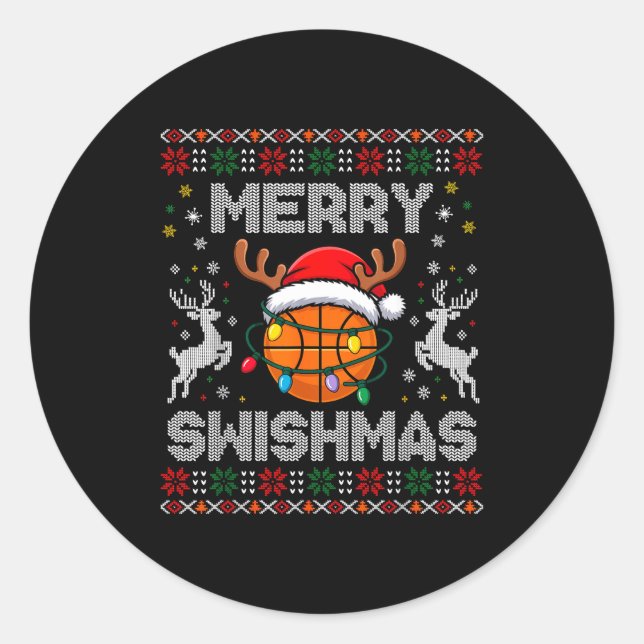 Pegatina Redonda Funny Merry Swishmas Basketball Christmas Reindeer (Anverso)