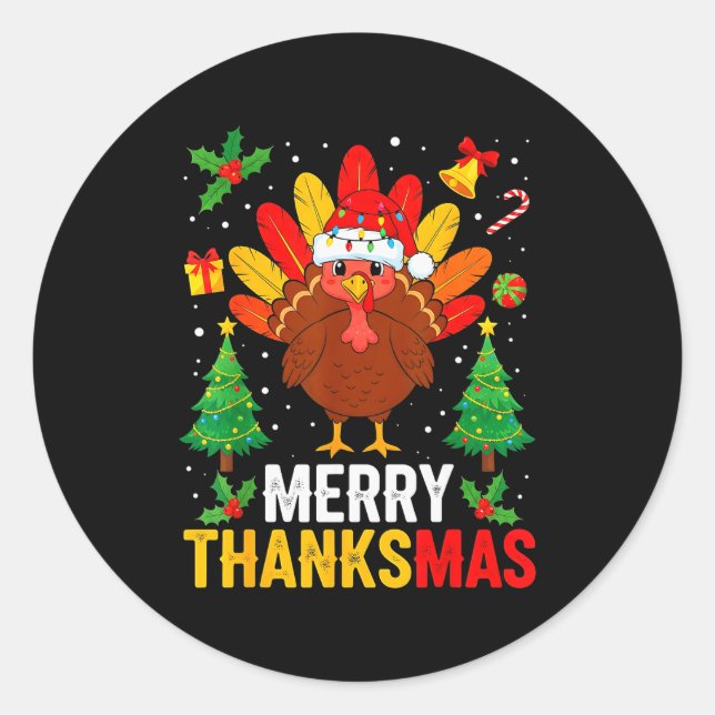 Pegatina Redonda Funny Merry Thanksmas Happy Thanksgiving Santa Tur (Anverso)