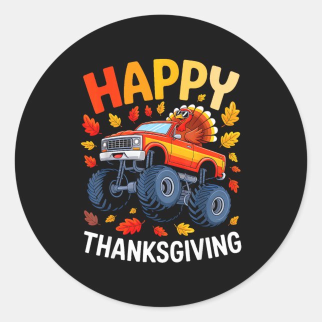 Pegatina Redonda Funny Monster Truck Turkey Happy Thanksgiving For  (Anverso)