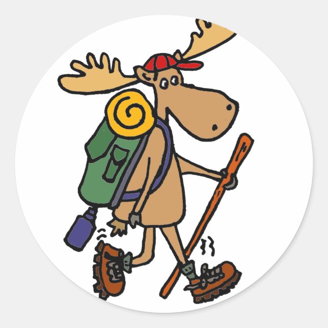 Pegatina Redonda Funny Moose Hiker (Anverso)