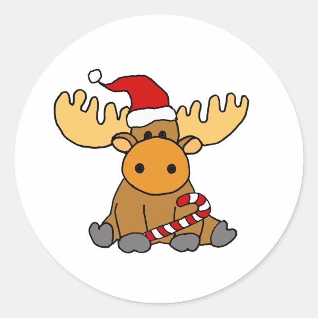Pegatina Redonda Funny Moose in Santa hat Christmas Cartoon (Anverso)