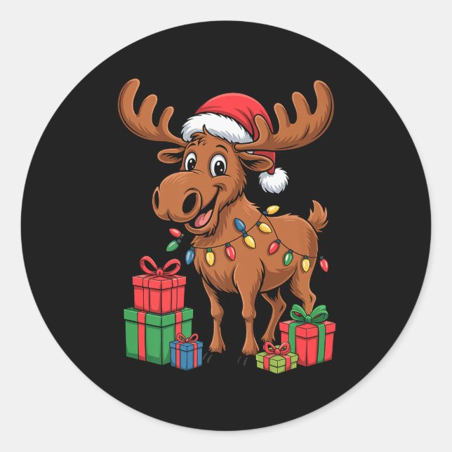 Pegatina Redonda Funny Moose Santa Hat Animals Lovers Ugly Christma (Anverso)