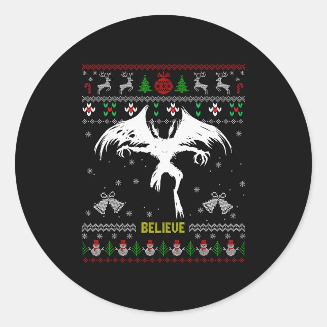 Pegatina Redonda Funny Mothman Ugly Christmas Sweater Believe Crypt (Anverso)