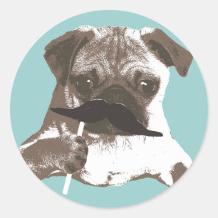 Pegatina Redonda Funny Mustache Pug