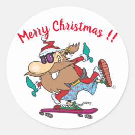 Pegatina Redonda Funny Navidades del Skateboarding de Santa Claus