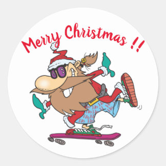 Pegatina Redonda Funny Navidades del Skateboarding de Santa Claus