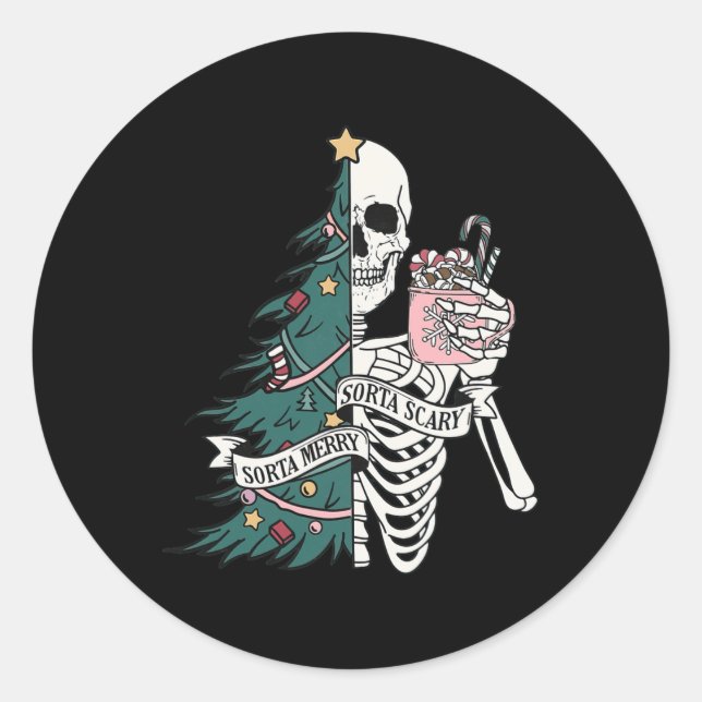 Pegatina Redonda Funny Navidades Sorta Merry Sorta Scary Skeleton X (Anverso)