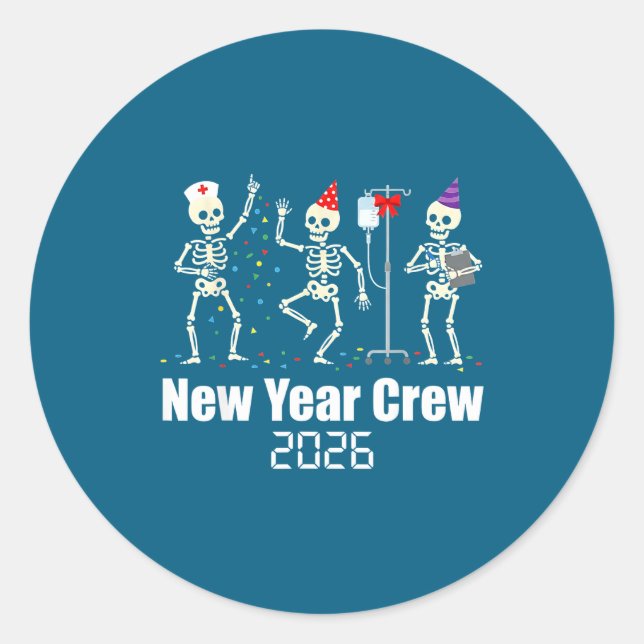 Pegatina Redonda Funny New Year Crew 2026 Medical Skeleton Celebrat (Anverso)