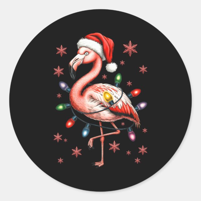 Pegatina Redonda Funny Nk Flamingo Christmas Tree Lights Xmas Snowf (Anverso)
