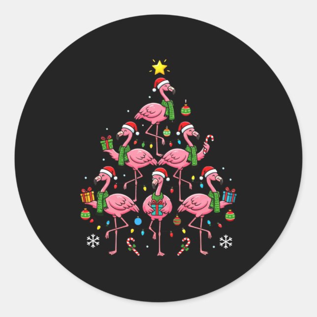 Pegatina Redonda Funny Nk Flamingo Christmas Tree Santa Hats Holida (Anverso)