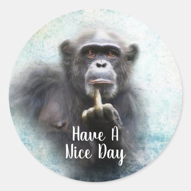 Pegatina Redonda Funny Offensive Chimpanzee Middle Finger (Anverso)