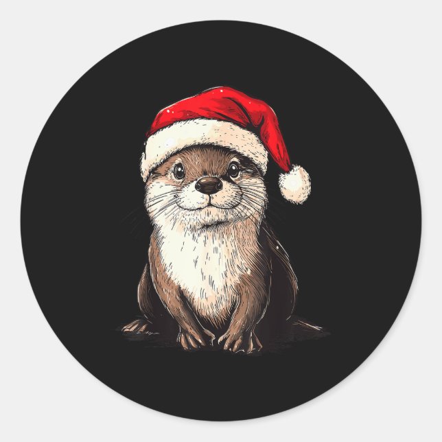 Pegatina Redonda Funny Otter Santa Hat Xmas Otter Lovers Christmas  (Anverso)