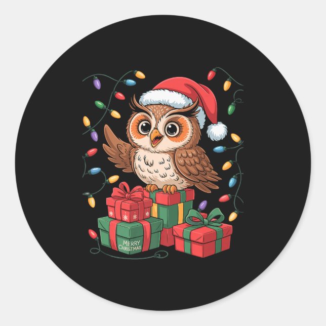 Pegatina Redonda Funny Owl Santa Hat Animals Lovers Ugly Christmas  (Anverso)