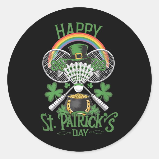 Pegatina Redonda Funny Patricks Day Badminton Costume de cuatro hoj (Anverso)