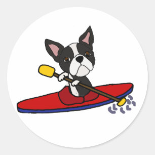 Pegatina Redonda Funny Personalizado de Kayaking Boston Terrier Dog