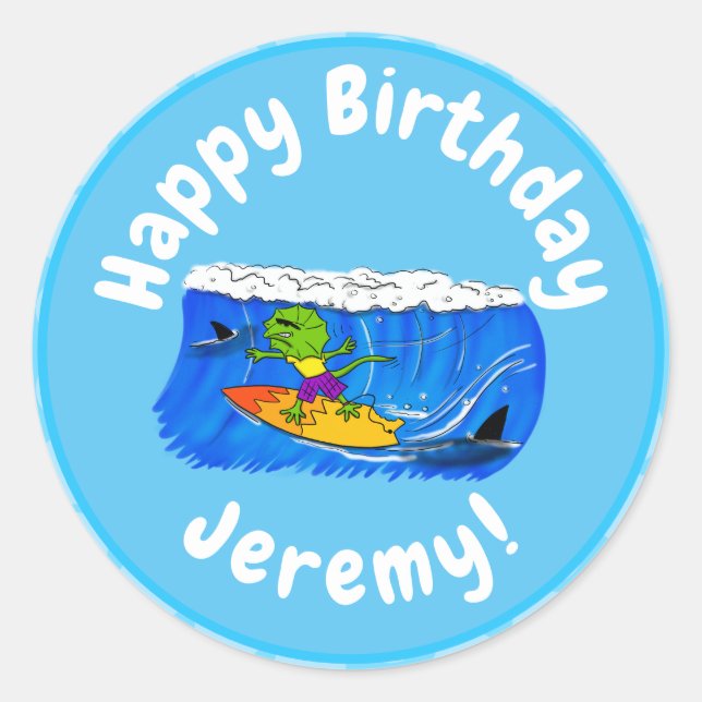 Pegatina Redonda Funny personalizado de surf con lagarto frito (Anverso)