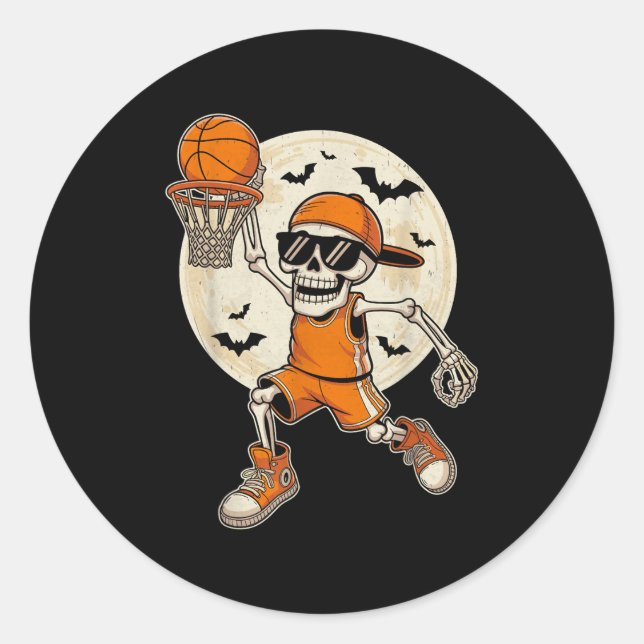 Pegatina Redonda Funny Personalizado Skeleton Baloncesto Halloween  (Anverso)