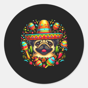 Pegatina Redonda Funny Pug Cinco De Mayo Cute Sombrero De Perro Mex