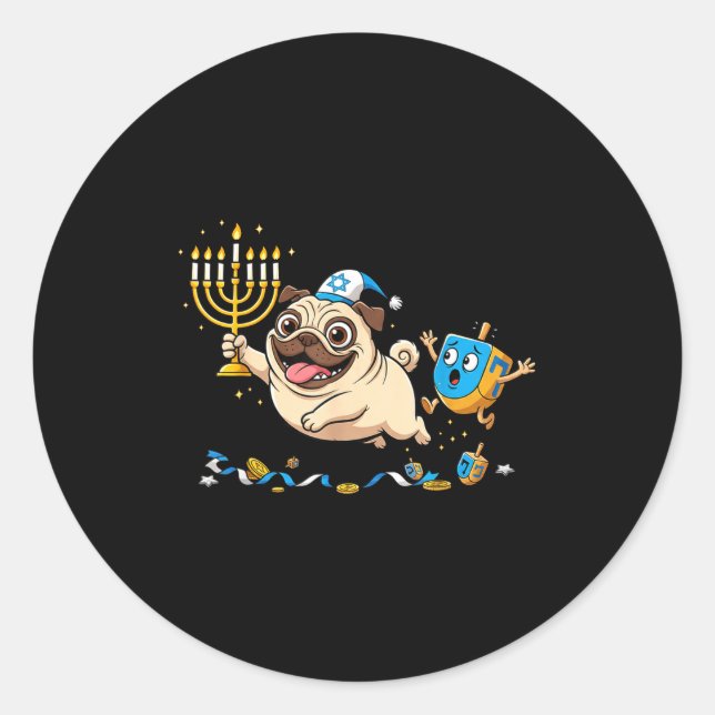 Pegatina Redonda Funny Pug Dreidel Menorah Hanukkah Kids Womens Men (Anverso)