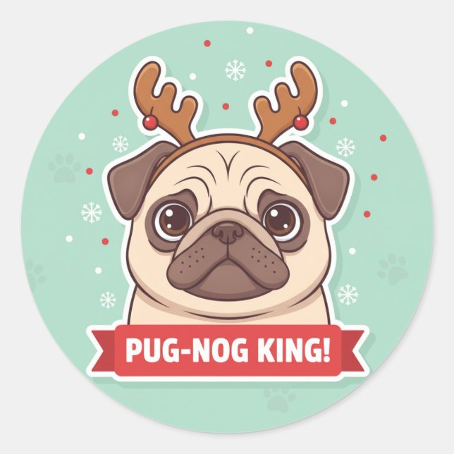 Pegatina Redonda Funny Pug Reindeer Holiday Sticker (Anverso)