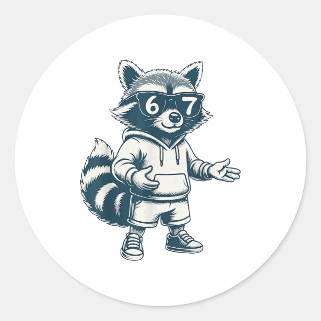 Pegatina Redonda Funny Raccoon 67 Meme Six Seven  (Anverso)