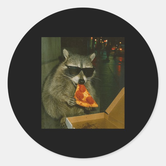 Pegatina Redonda Funny Raccoon Eating Zza Animal Meme  (Anverso)