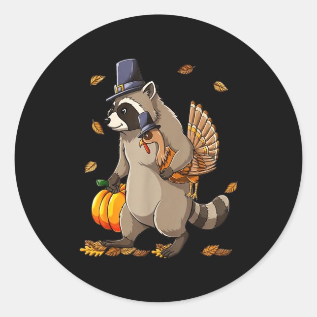 Pegatina Redonda Funny Raccoon Turkey Pumpkin Thanksgiving Gift Men (Anverso)