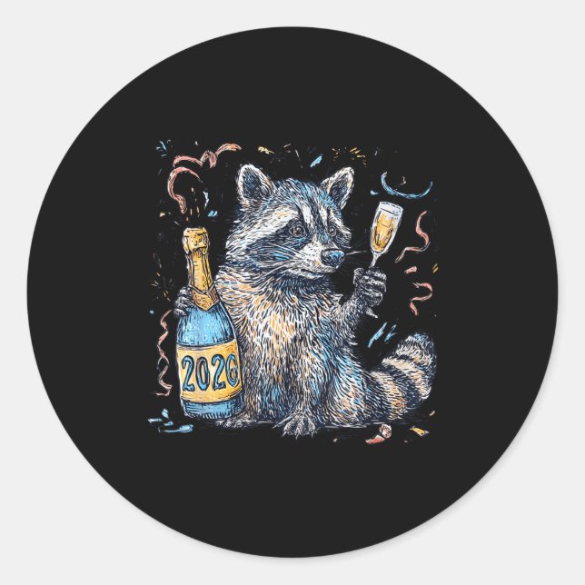 Pegatina Redonda Funny Raccoon With Champagne Disco Ball New Years  (Anverso)