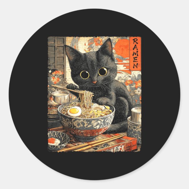 Pegatina Redonda Funny Ramen Cat Noodle Lovers Anime Otaku  (Anverso)