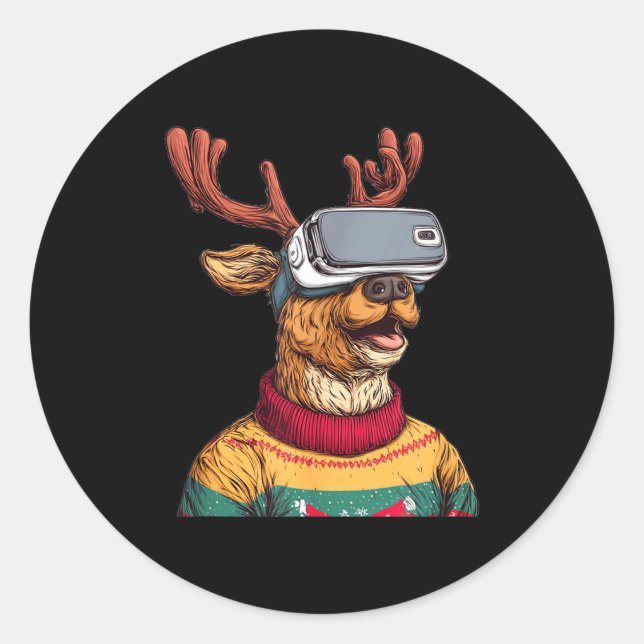 Pegatina Redonda Funny Reindeer In Christmas Sweater And Vr Headset (Anverso)