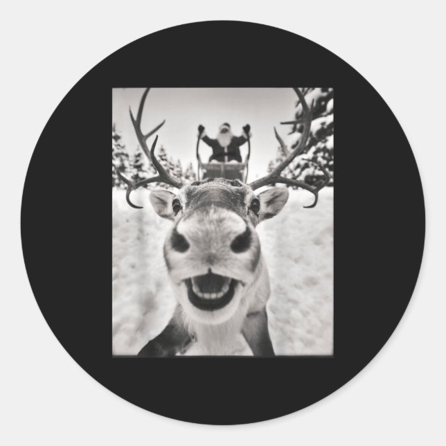 Pegatina Redonda Funny Reindeer Selfie Christmas Santa Funny Kids  (Anverso)