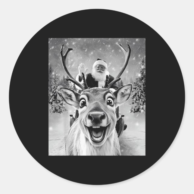 Pegatina Redonda Funny Reindeer Selfie Santa Christmas Men Women Ki (Anverso)