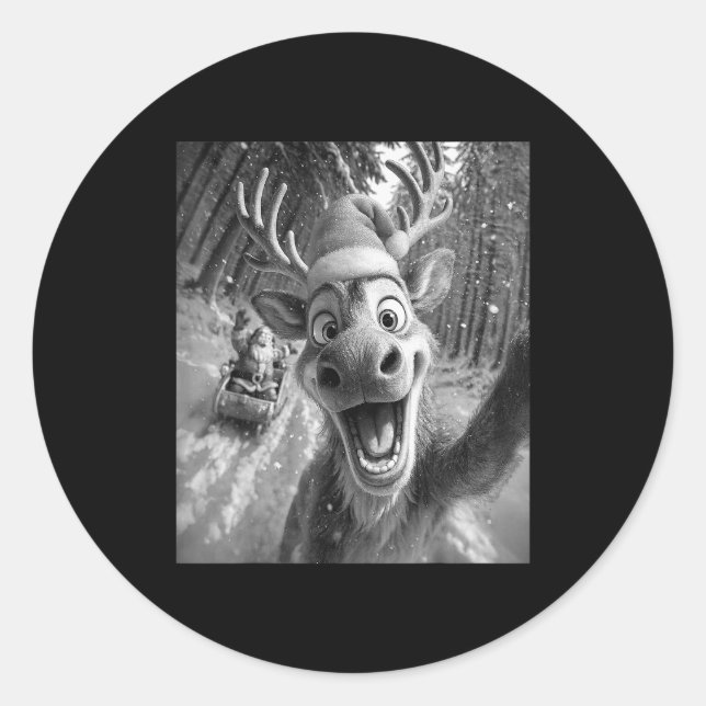 Pegatina Redonda Funny Reindeer Selfie Santa Merry Christmas Men Wo (Anverso)