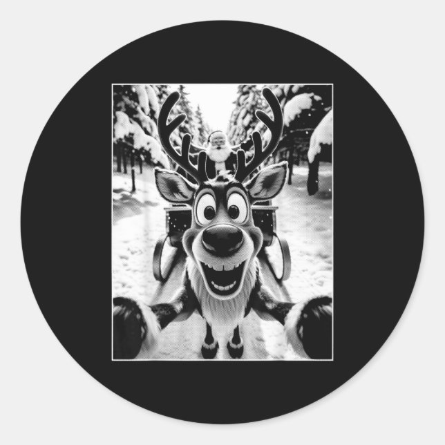 Pegatina Redonda Funny Reindeer Selfie Santa Sleigh Christmas Holid (Anverso)