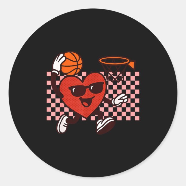 Pegatina Redonda Funny Retro Heart Graphic Basketball Player Kids V (Anverso)