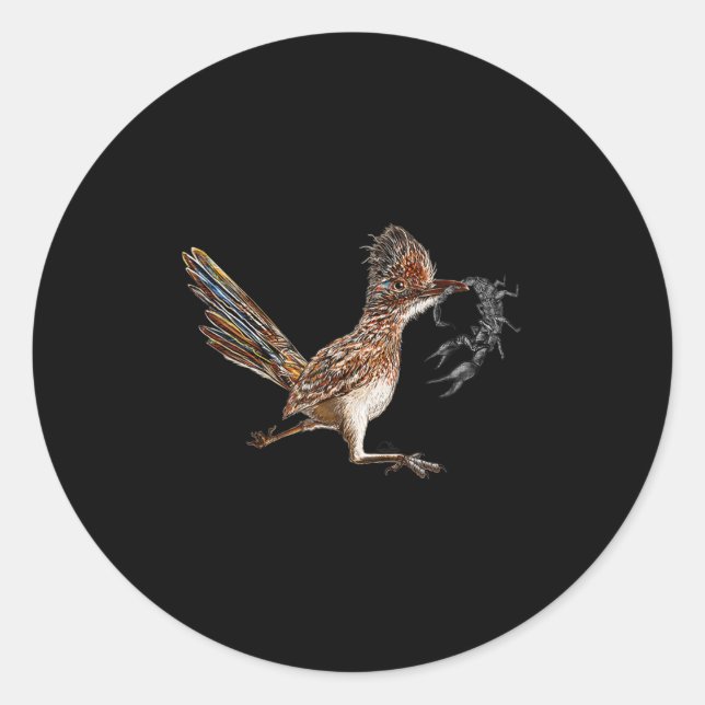 Pegatina Redonda Funny Roadrunner Scorpion Road Runner Bird Hunter (Anverso)