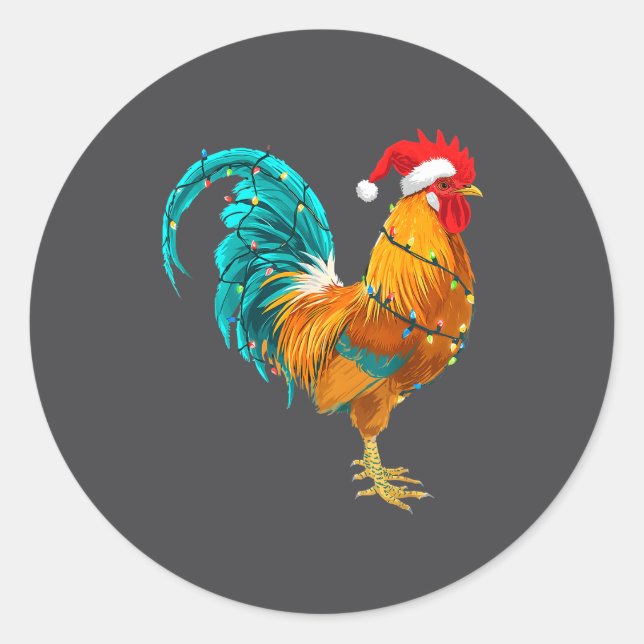 Pegatina Redonda Funny Rooster Chicken Santa Christmas Lights Farme (Anverso)