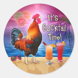 Pegatina Redonda Funny Rooster Cocktails Tropical Beach Sea