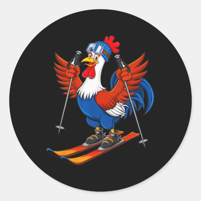 Pegatina Redonda Funny Rooster Skiing Adventure Cartoon  (Anverso)