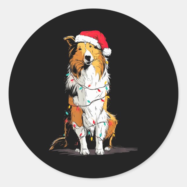 Pegatina Redonda Funny Rough Collie Christmas Graphics Dog Lights L (Anverso)