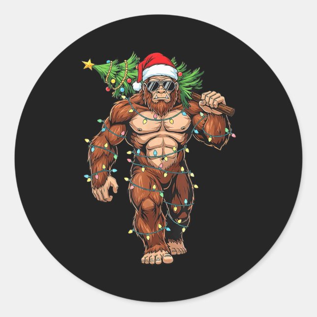 Pegatina Redonda Funny Santa Bigfoot Christmas Tree Christmas Crypt (Anverso)